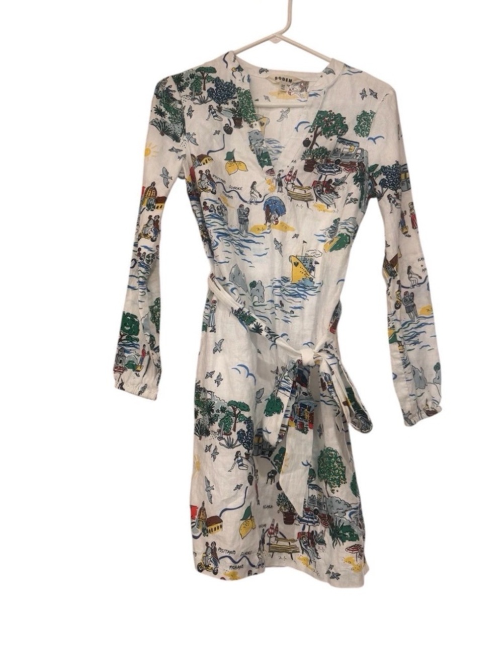 Boden Scenic-Print Wrap Dress - White with Green & Blue Accents